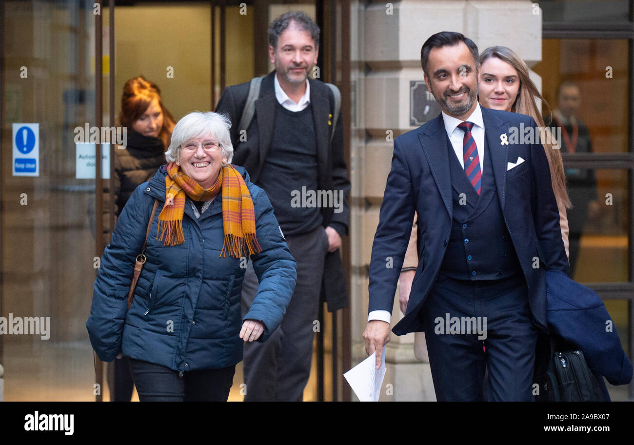Former Catalan politician and University of St Andrews professor Clara Ponsati, who is facing extradition from Scotland to Spain, with her lawyer Aamer Anwar (right) outside St Leonard's Police Station in Edinburgh after being released on bail. Stock Photo