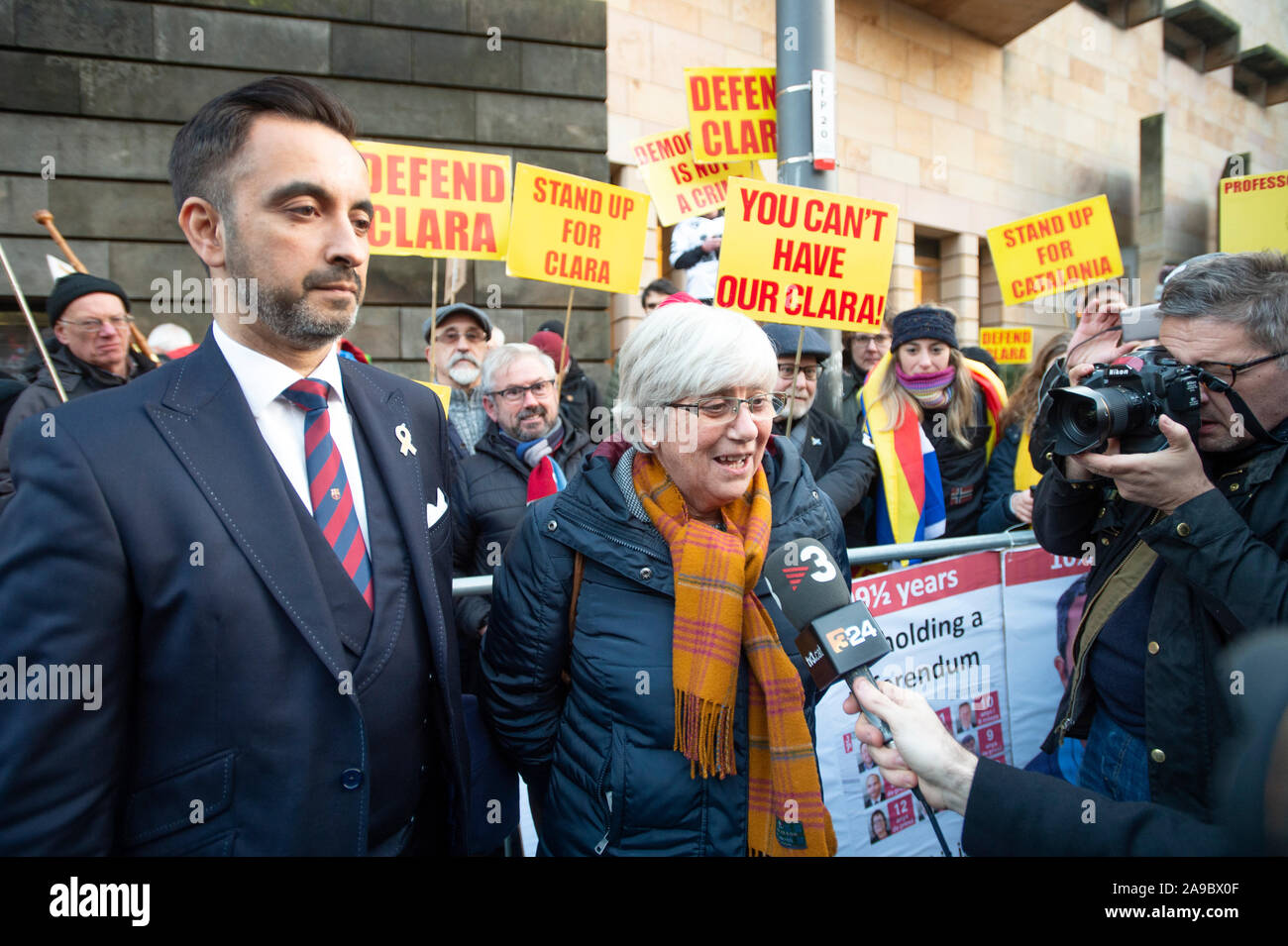 Former Catalan politician and University of St Andrews professor Clara Ponsati, who is facing extradition from Scotland to Spain, with her lawyer Aamer Anwar, speaking to media outside St Leonard's Police Station in Edinburgh after being released on bail. Stock Photo