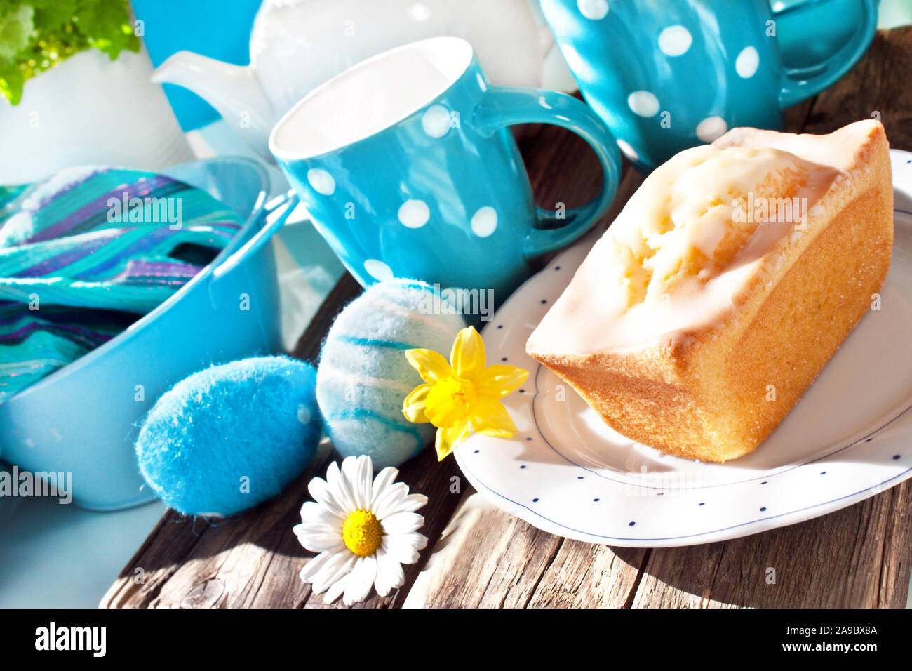 Easter table decoration with eggs in the garden Stock Photo