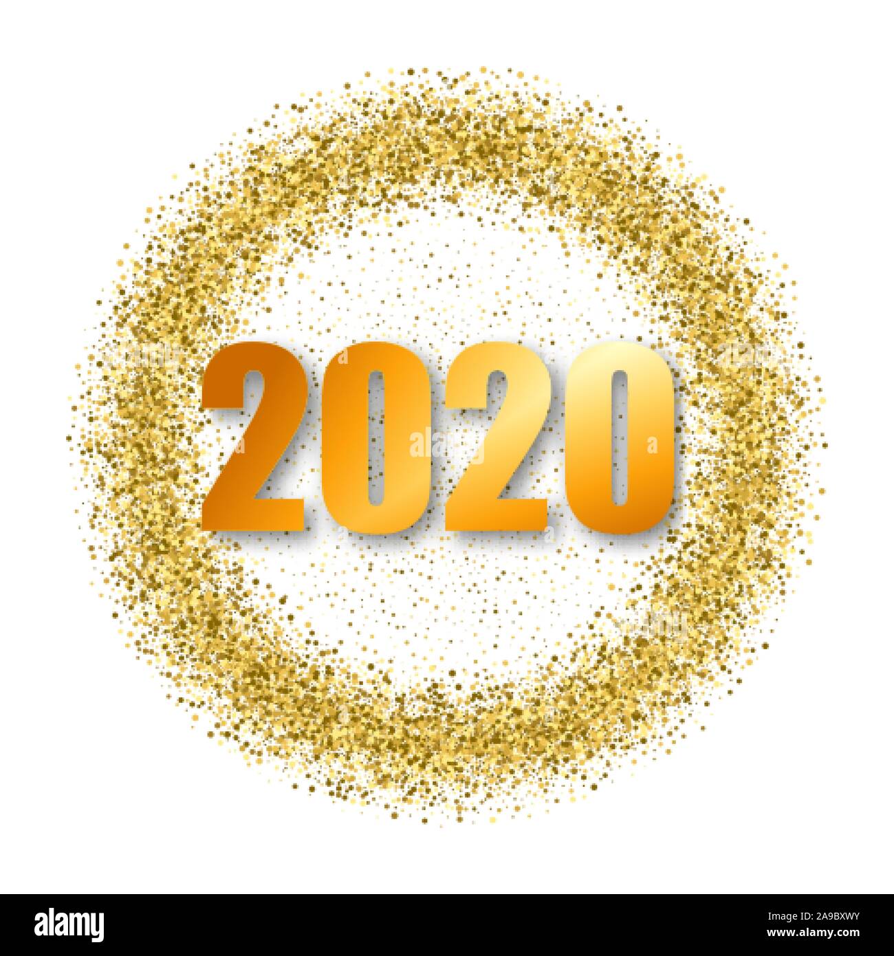 Happy New Year 2020 with glitter on white background, text design gold colored, vector elements for calendar and greeting card. Stock Vector
