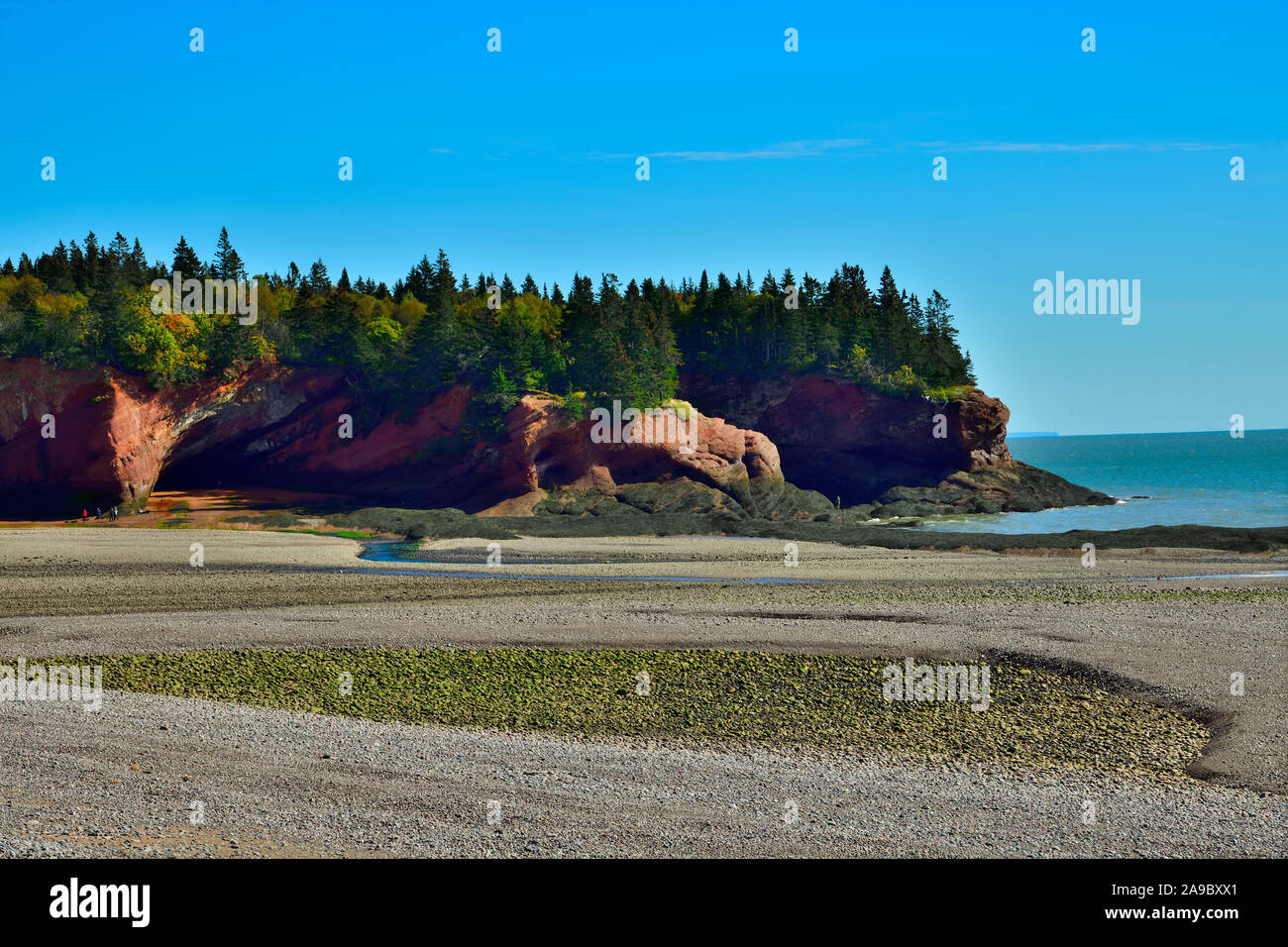 A landscape image of the beach and caves at Saint Martins on the Bay of Fundy in New Brunswick Canada. Stock Photo