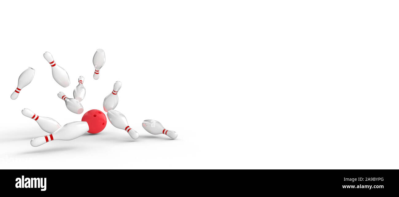 bowling game, the ball hits the pins and strikes. 3d image. concept of