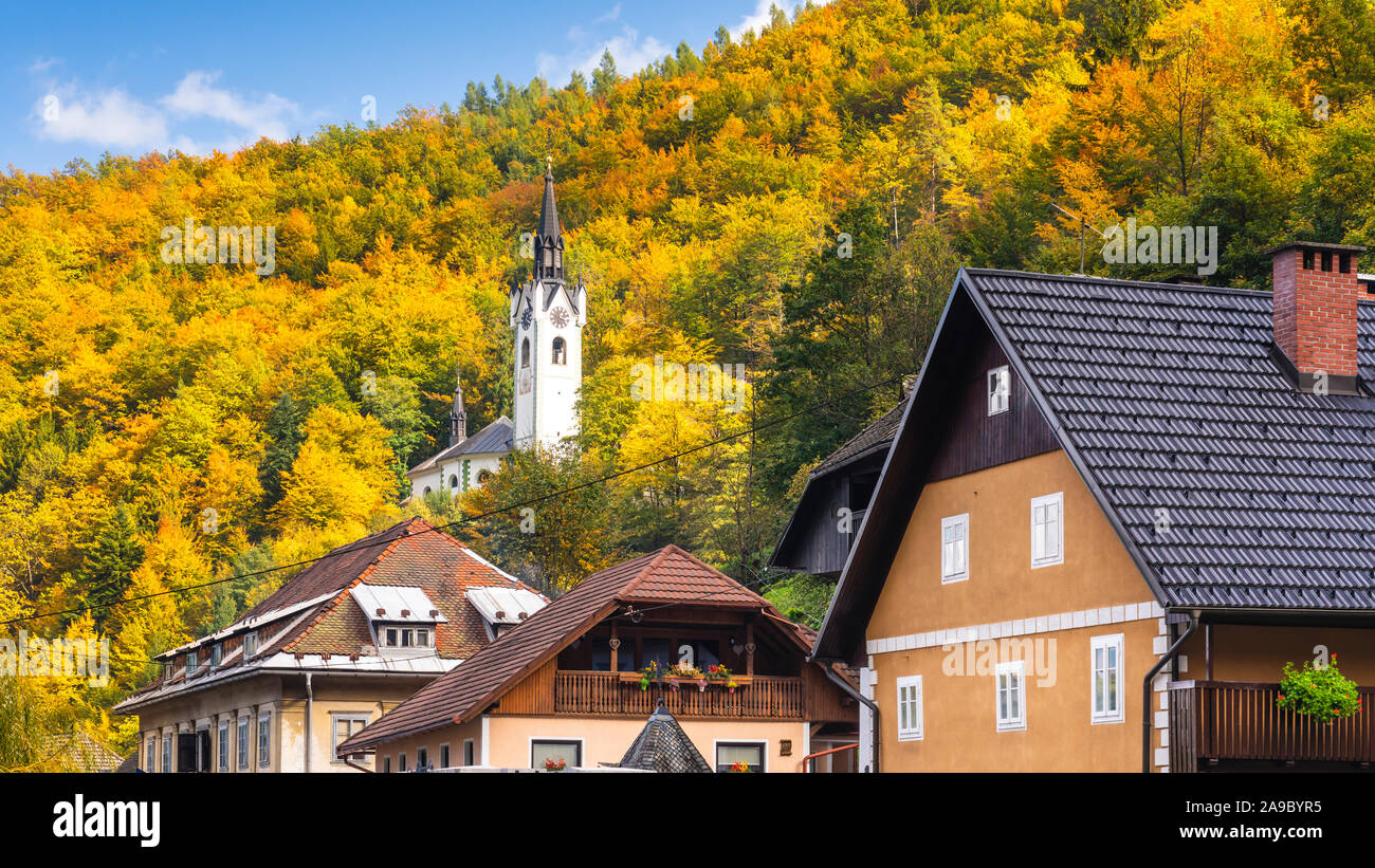 The village of Kropa, Slovenia with fall foliage color Stock Photo - Alamy