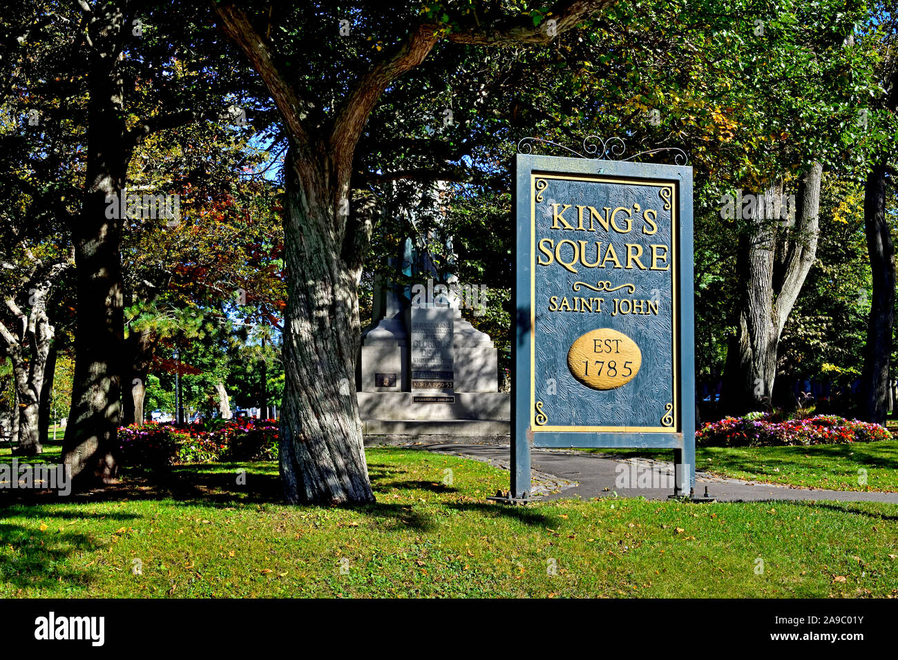 A landscape of the sign telling tourist that they are entering a green space known as King's Square in the city of Saint John New Brunswick. Stock Photo