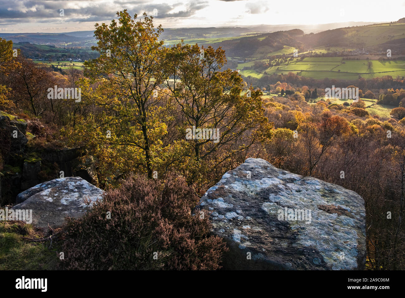 Autumn colours in the Derwent Valley seen from Froggatt Edge, Peak District National Park Derbyshire Stock Photo