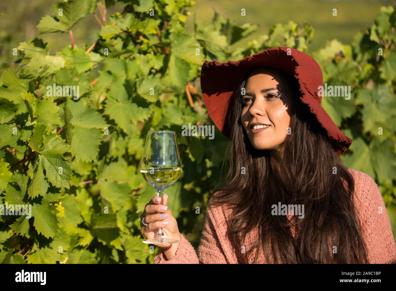 Outdoor portrait of gorgeous young female enjoying a glass of wine in a ...