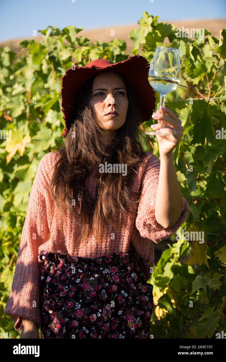 Young woman looking at color of wine in drinking glass. Female owner ...