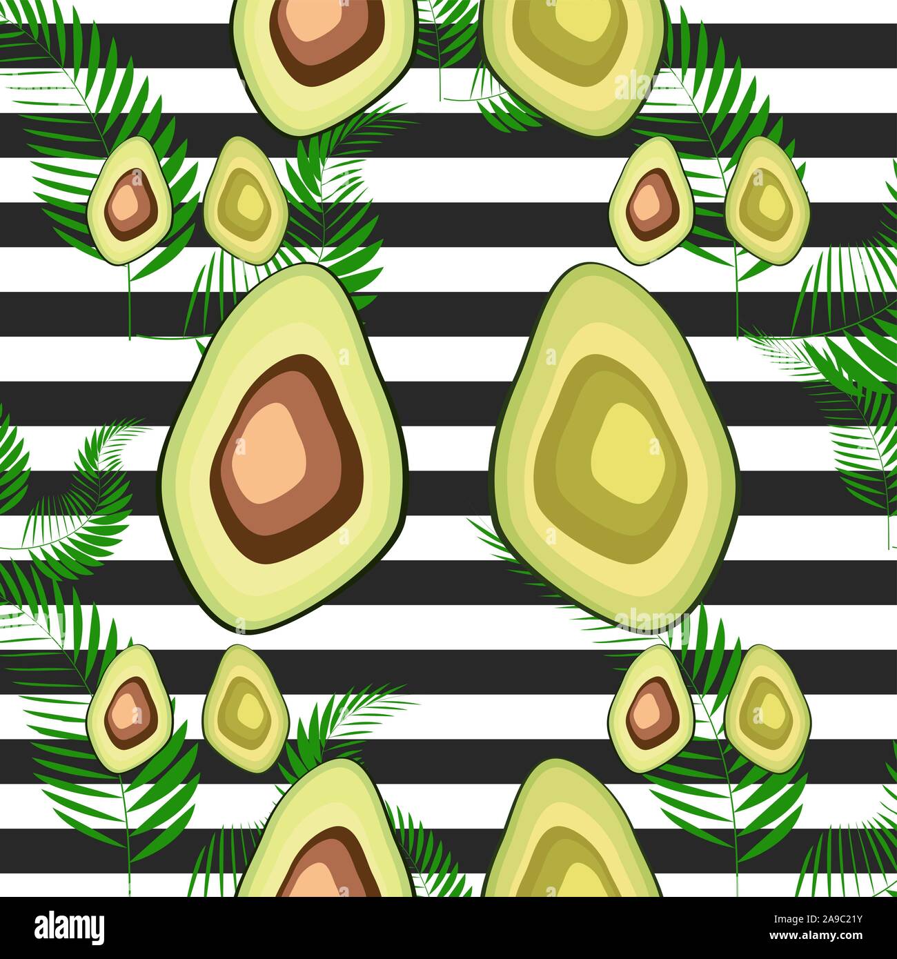 Seamless pattern with avocado and palm leaves and black and white ...