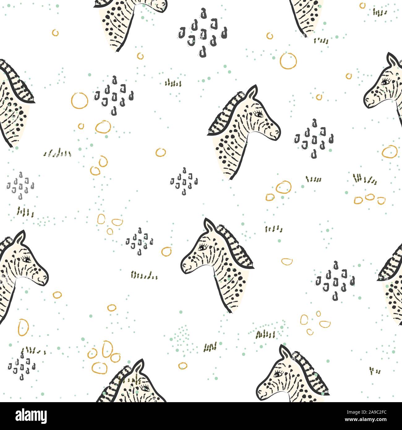 Seamless Pattern With Cute Hand Drawn Heads of Zebras. Scandinavian Style Stock Vector