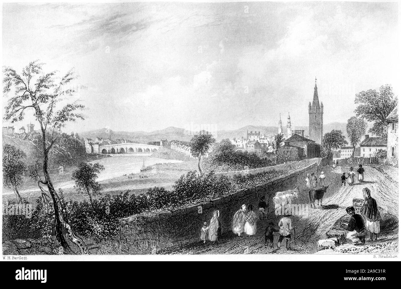 An engraving of the Town of Dumfries, Dumfrieshire, Scotland UK scanned at high resolution from a book printed in 1859. Believed copyright free. Stock Photo