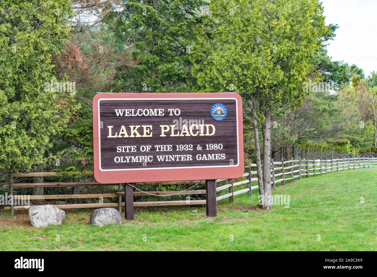 Sign welcomes visitors to Lake Placid, Essex Co., NY Stock Photo