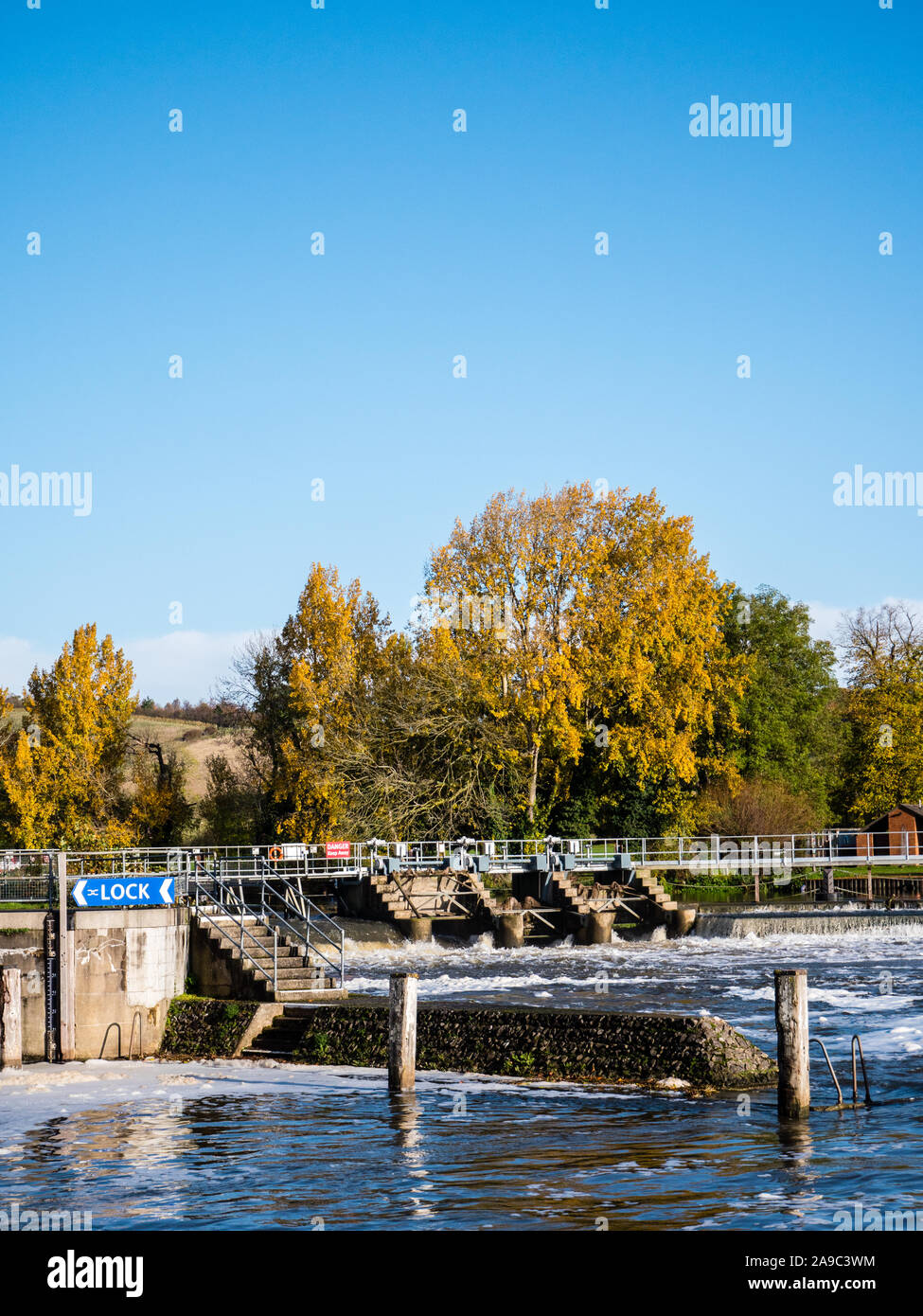 High Water at Autumn Mapledurham Lock, Purley on Thames, River Thames, Berkshire, England, UK, GB. Stock Photo
