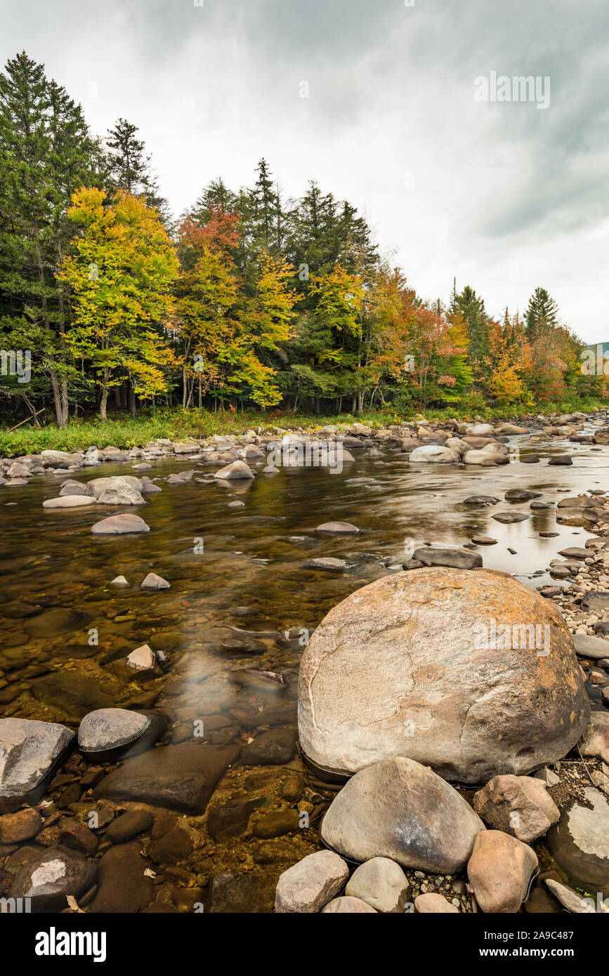 Peak fall colors on East Branch Sacandaga River, Adirondack Mountains, Hamilton County, New York Stock Photo