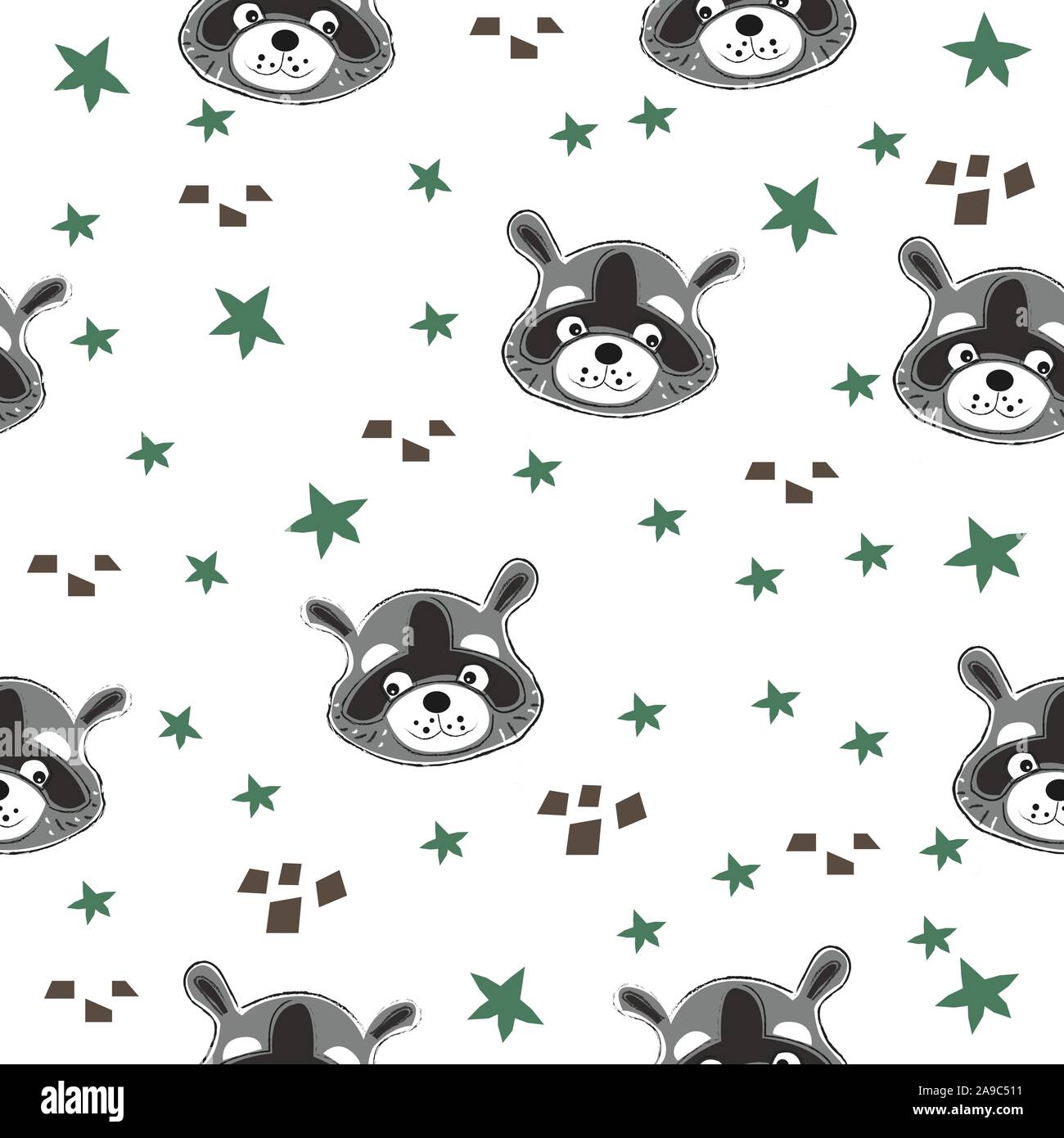 Seamless Pattern with cute hand drawn Raccoons (heads). Scandinavian ...