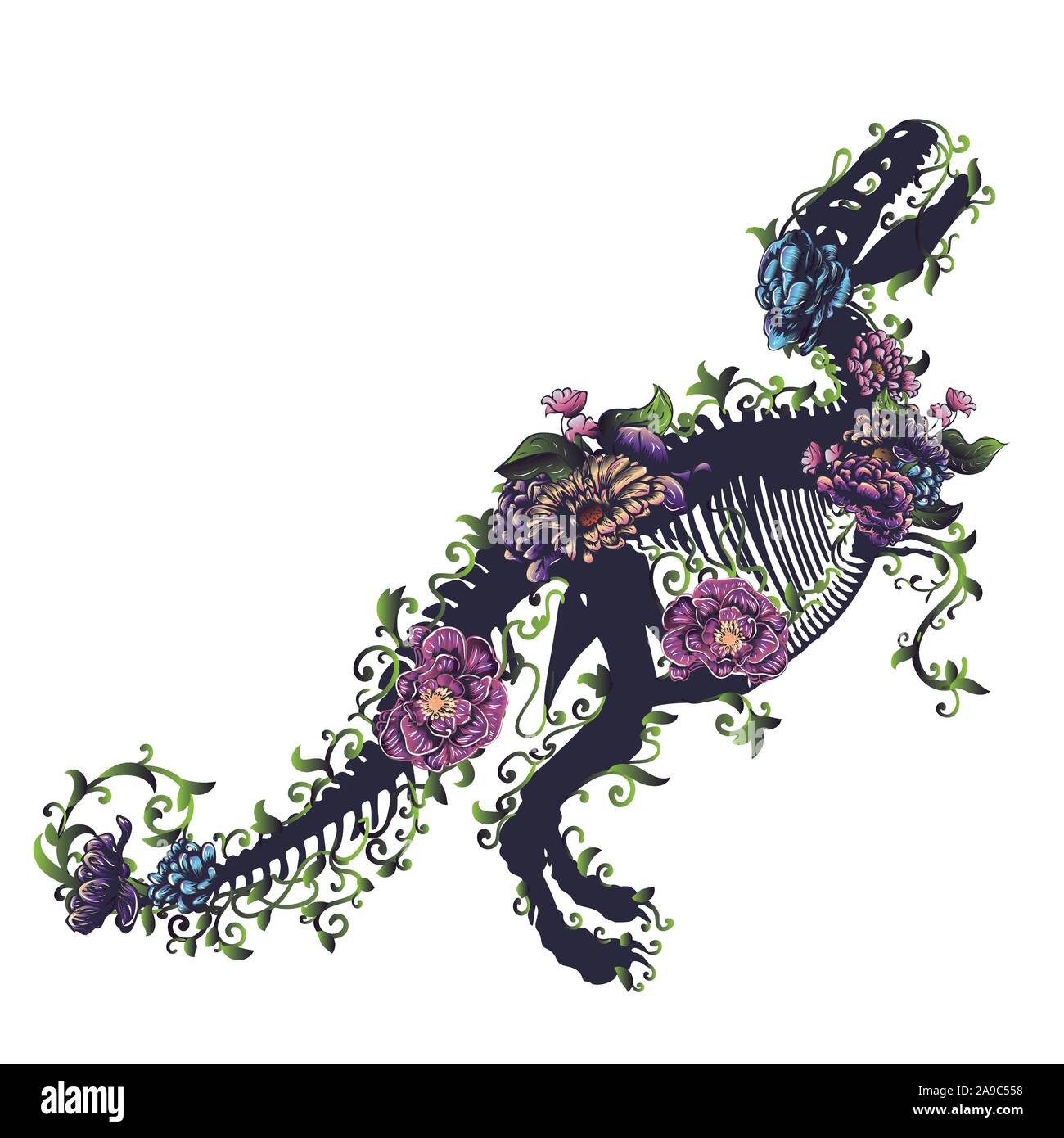 Silhouette of a tyrannosaurus rex skeleton with flowers on white background. Stock Vector