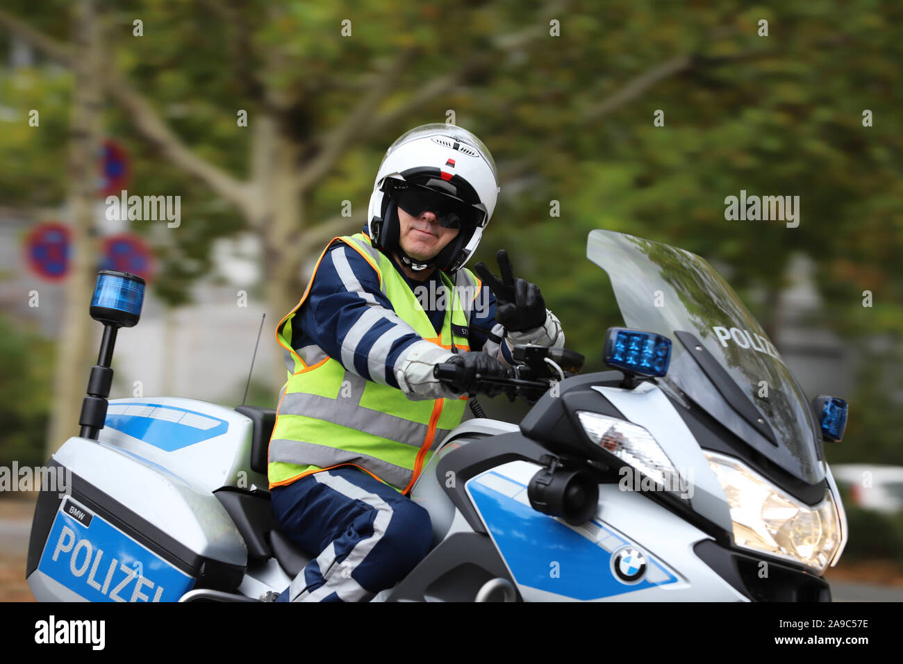 Berlin, Berlin / Germany, September 15, 2018. Berlin police officers on motorcycles securing the Inline Scater race as part of the Berlin Marathon. Stock Photo