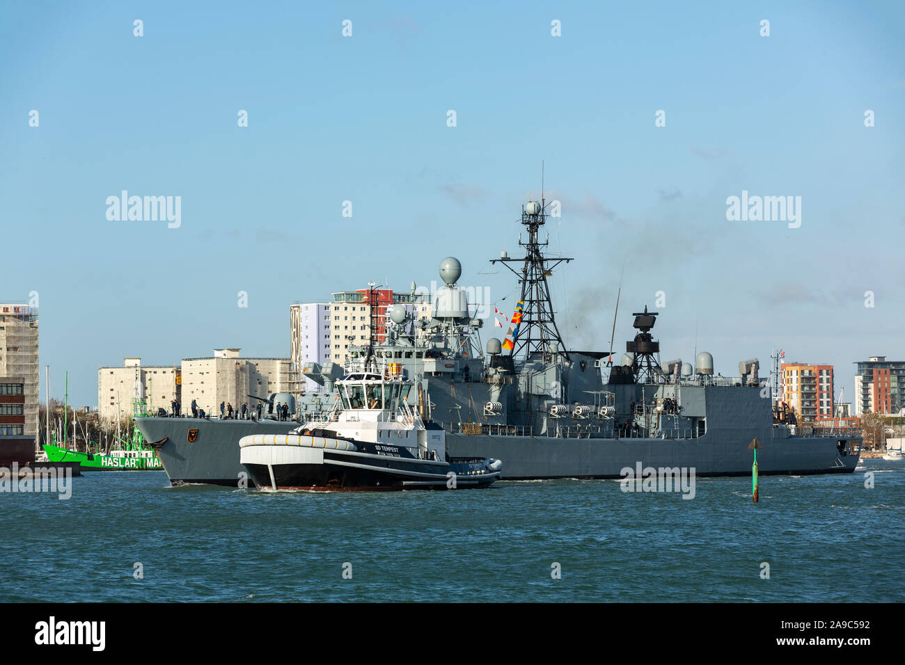 German frigate Lübeck (F214) leaving Portsmouth Naval Dockyard. Stock Photo