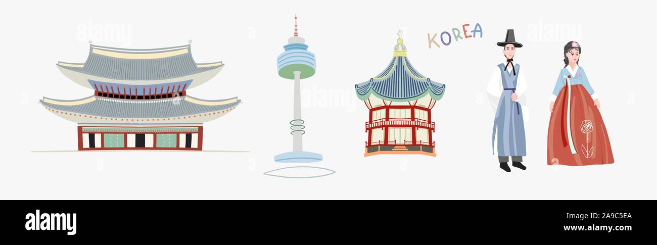 set of doodle flat vector illustration of pagoda in Gyeongbokgung Palace, Seoul Tower, couple in traditional korean dresses Stock Vector