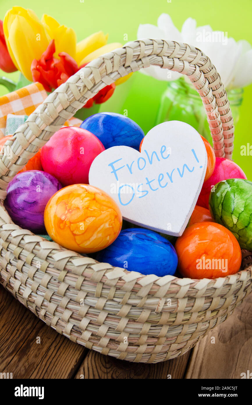 Happy Easter Label and Flowers Stock Photo