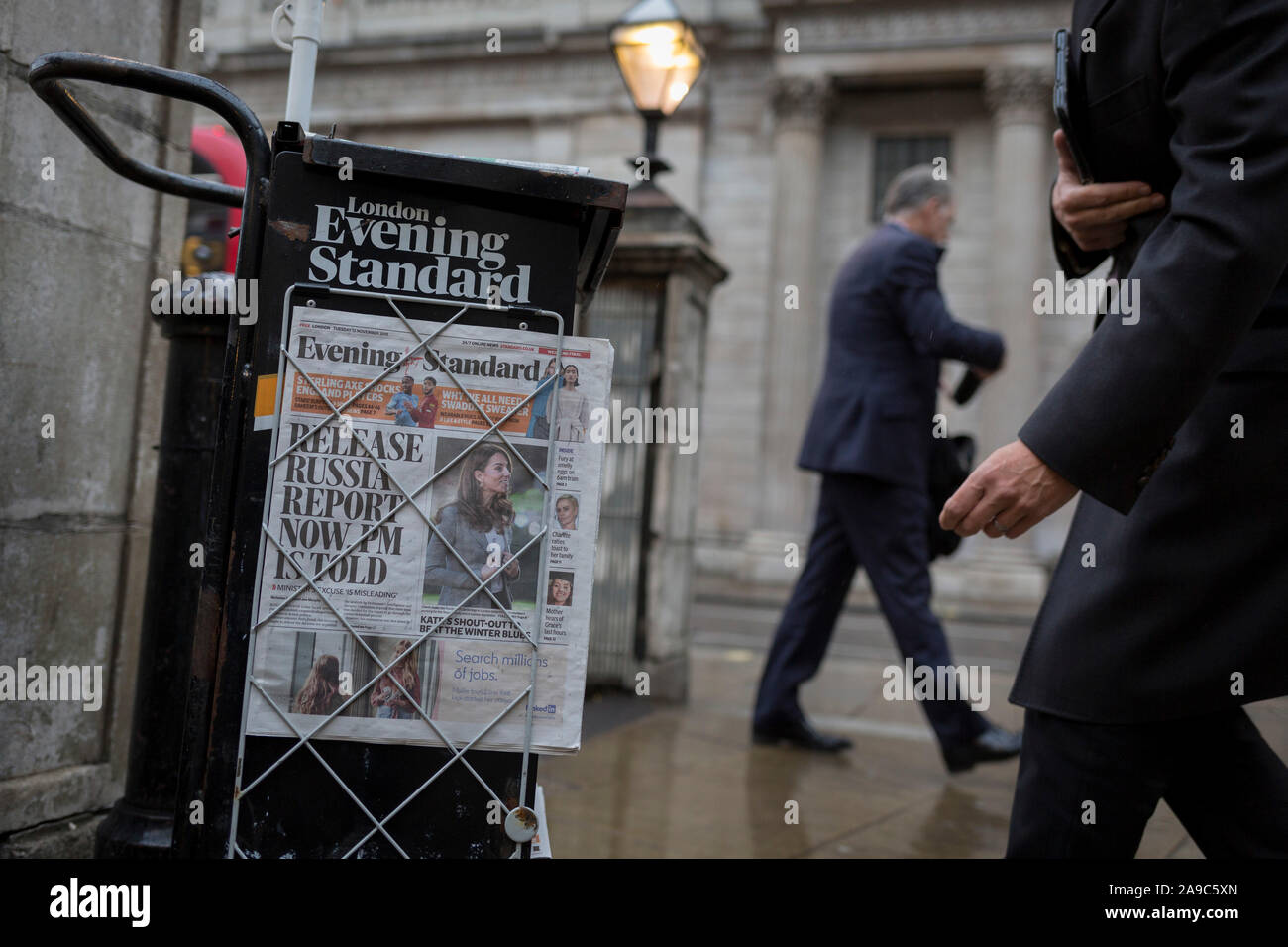 Copies of the London Evening Standard newspaper lead with a headline about government ministers' controversial decision to hold back until after the current general election, the release of a report about possible Russian interference in the 2016 EU Referendum, on 12th November 2019, in the City of London, England. Stock Photo
