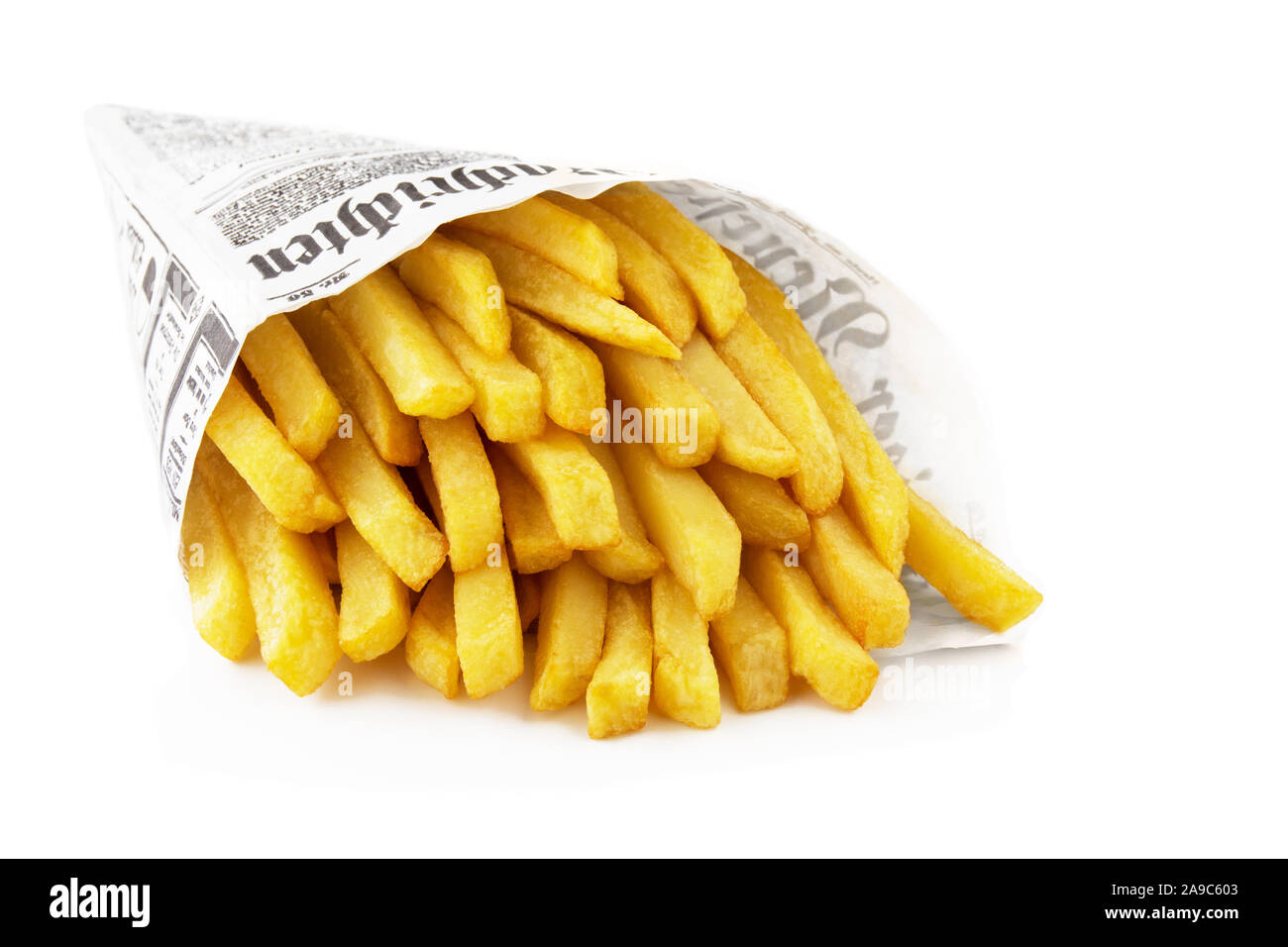 Potato chips and paper cone on white background Stock Photo Alamy