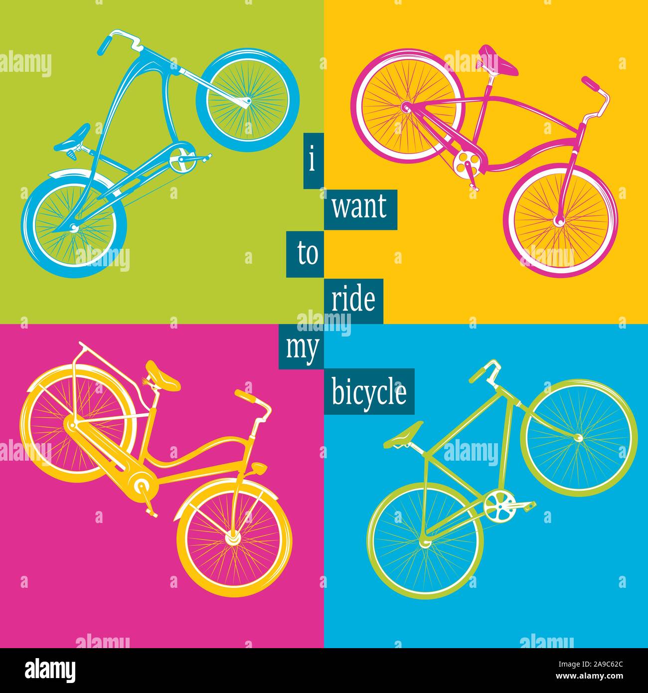 Bicycle Vector illustration. Set with four different bicycles on colorful background: single, chopper, cruiser, tandem. Stock Vector