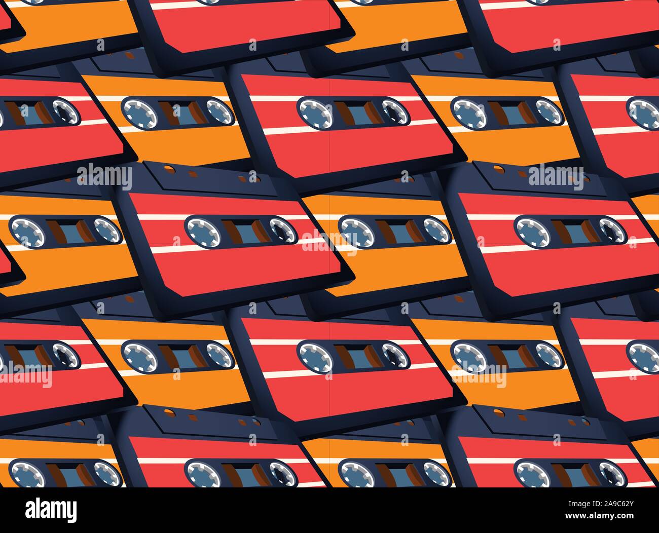 Compact cassette seamless pattern with floating or flying tape in perspective view Stock Vector