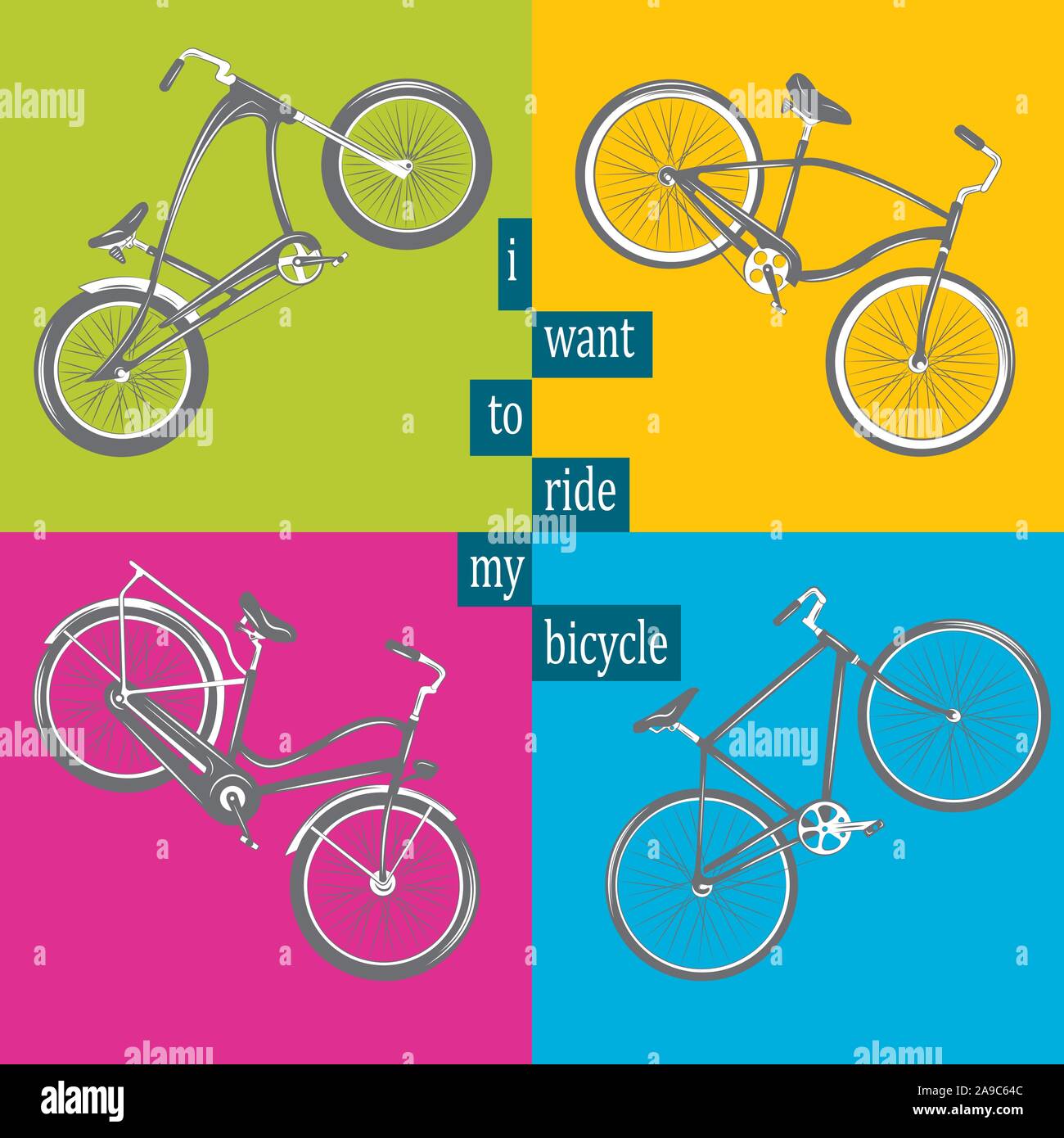 Bicycle Vector illustration. Set with four different bicycles on colorful background: single, chopper, cruiser, tandem. T-shirt Graphics, Stock Vector