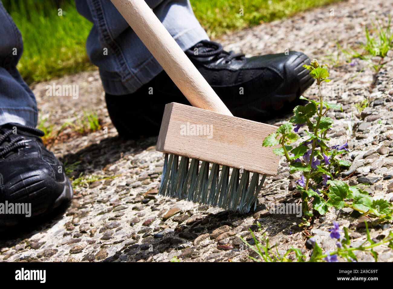 Man working with weed brush Stock Photo