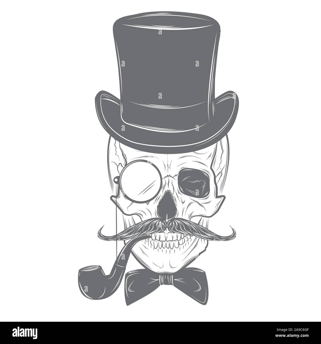 Gentleman Hipster skull in monocle with mustache, bow tie, top hat and smoking pipe. Skull print, skull illustration isolated on white background. Stock Vector