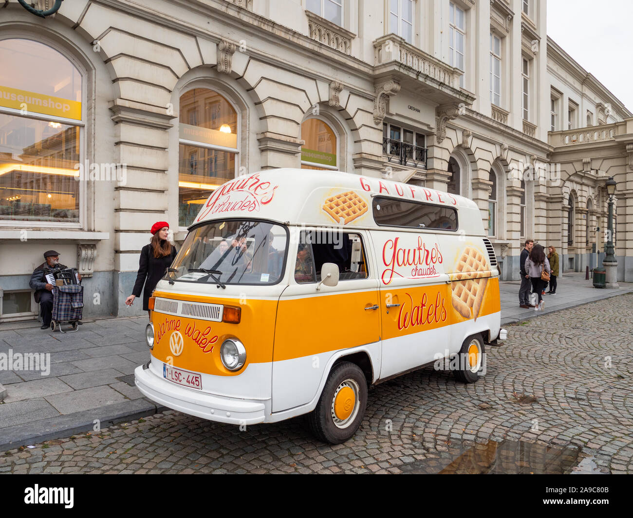 VW camper van selling Belgian waffles on the street, Brussels, Belgium Stock Photo