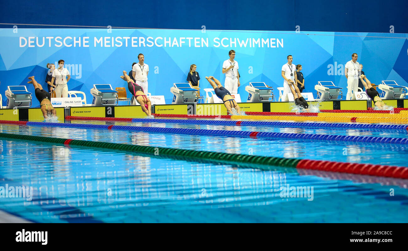 14 November 2019, Berlin: Swimming/short course: German championship, B  finals 200m butterfly of the women in swimming and jumping hall in the  Europa-Sportpark. Swimmers start for the B-finals at the distance of