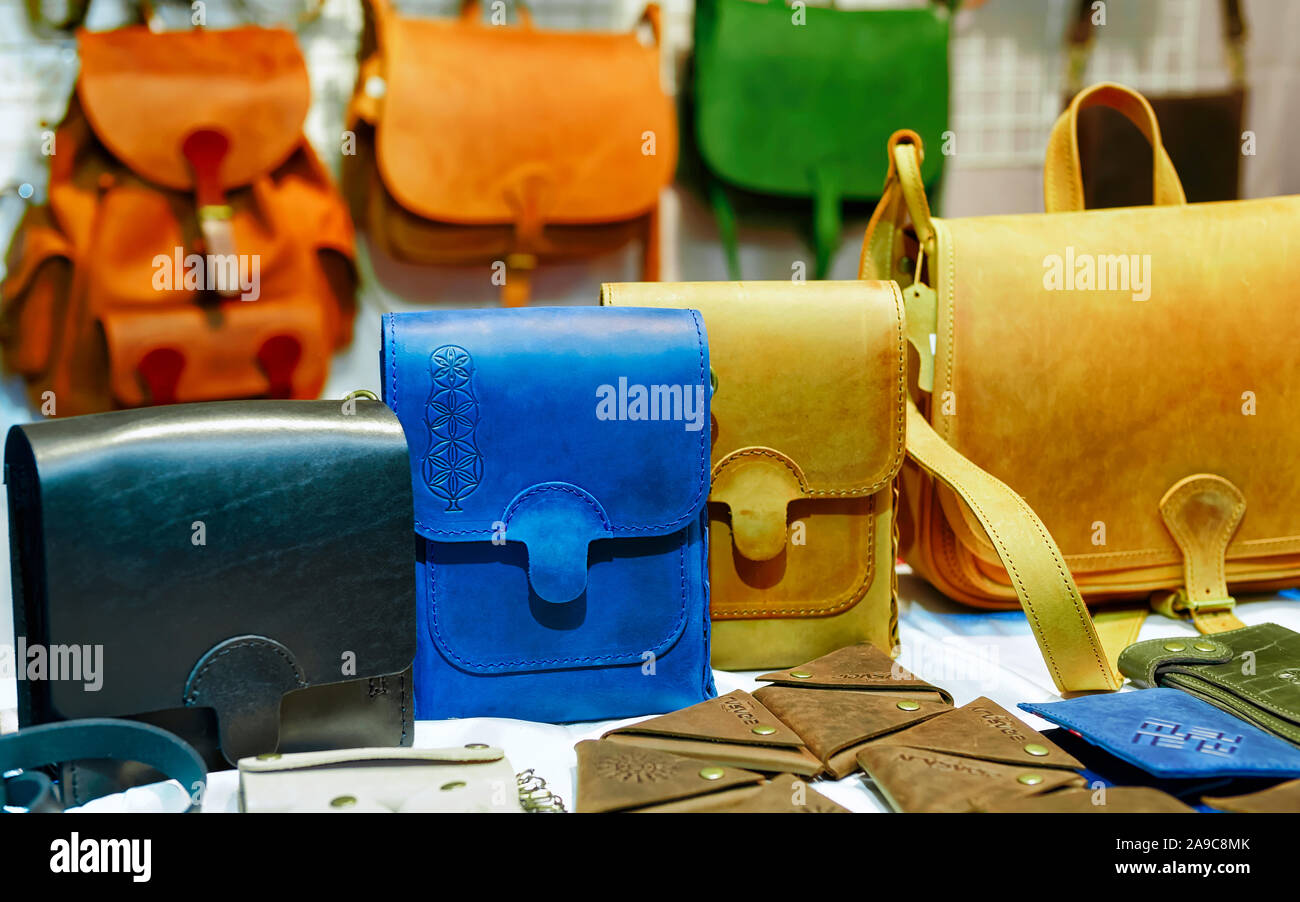 Handmade leather bags in the Vilnius Christmas market new Stock Photo