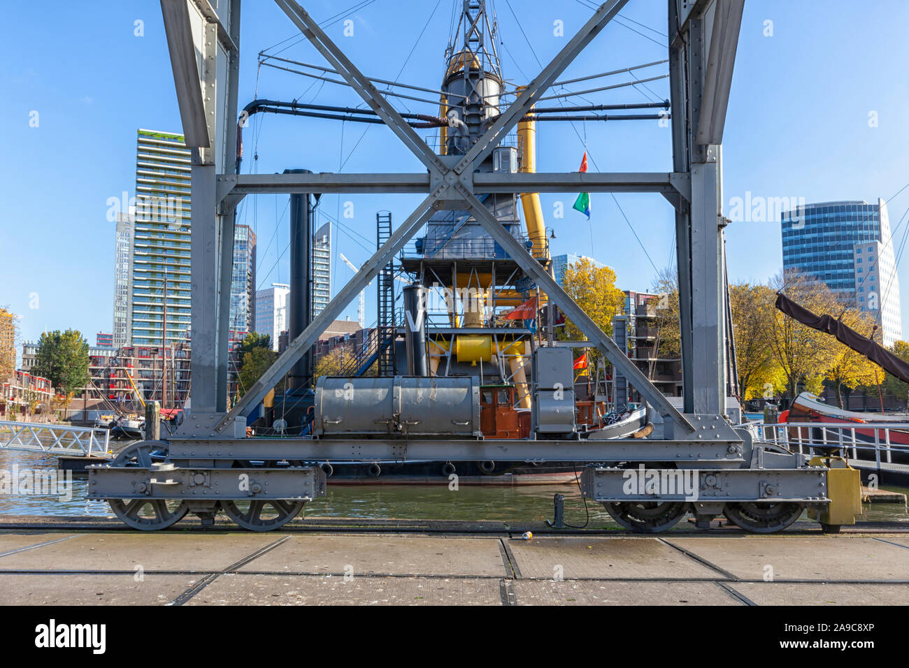 Rotterdam, Netherlands. A old locomotive and old cranes that are part of the maritiem museum in Rotterdam Stock Photo