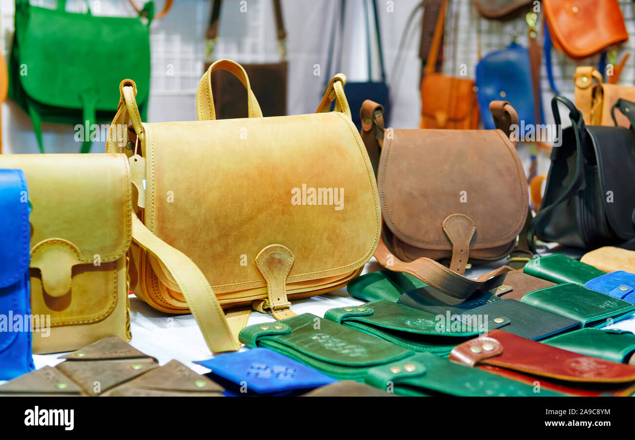 Handmade leather bags at Vilnius Christmas market new Stock Photo Alamy