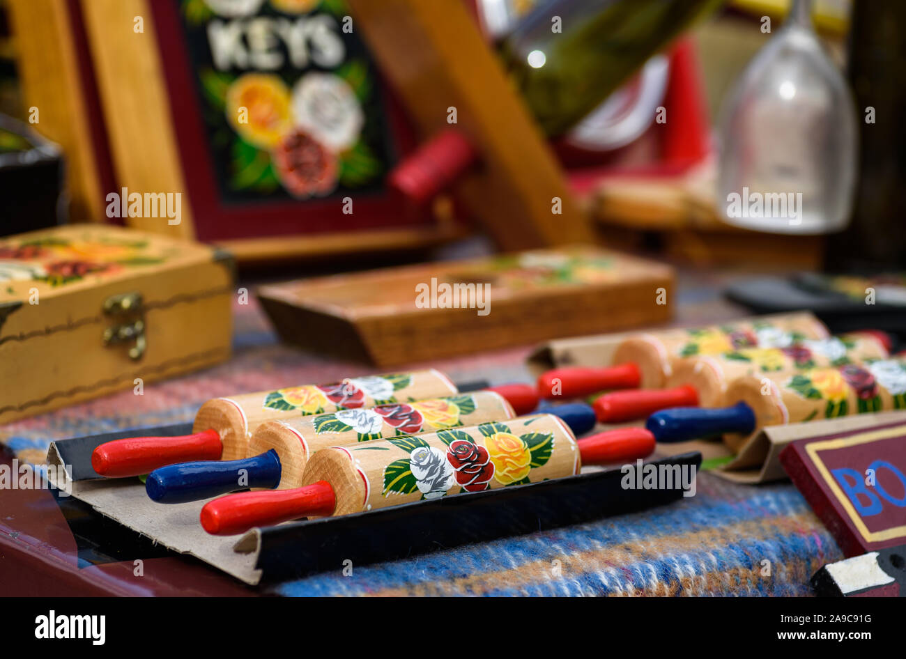 A selection of hand crafted items for sale on a canal narrowboat. Stock Photo