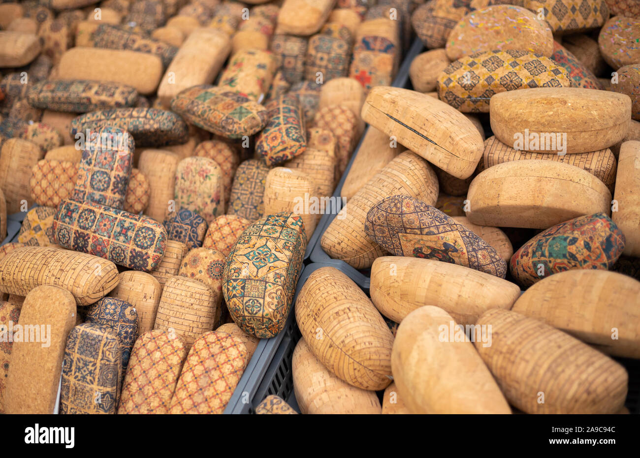 Vila real de Santo Antonio , Portugal - OCT 12 2.019 - cork products shop in street market, cork glasses cases, selective focus Stock Photo