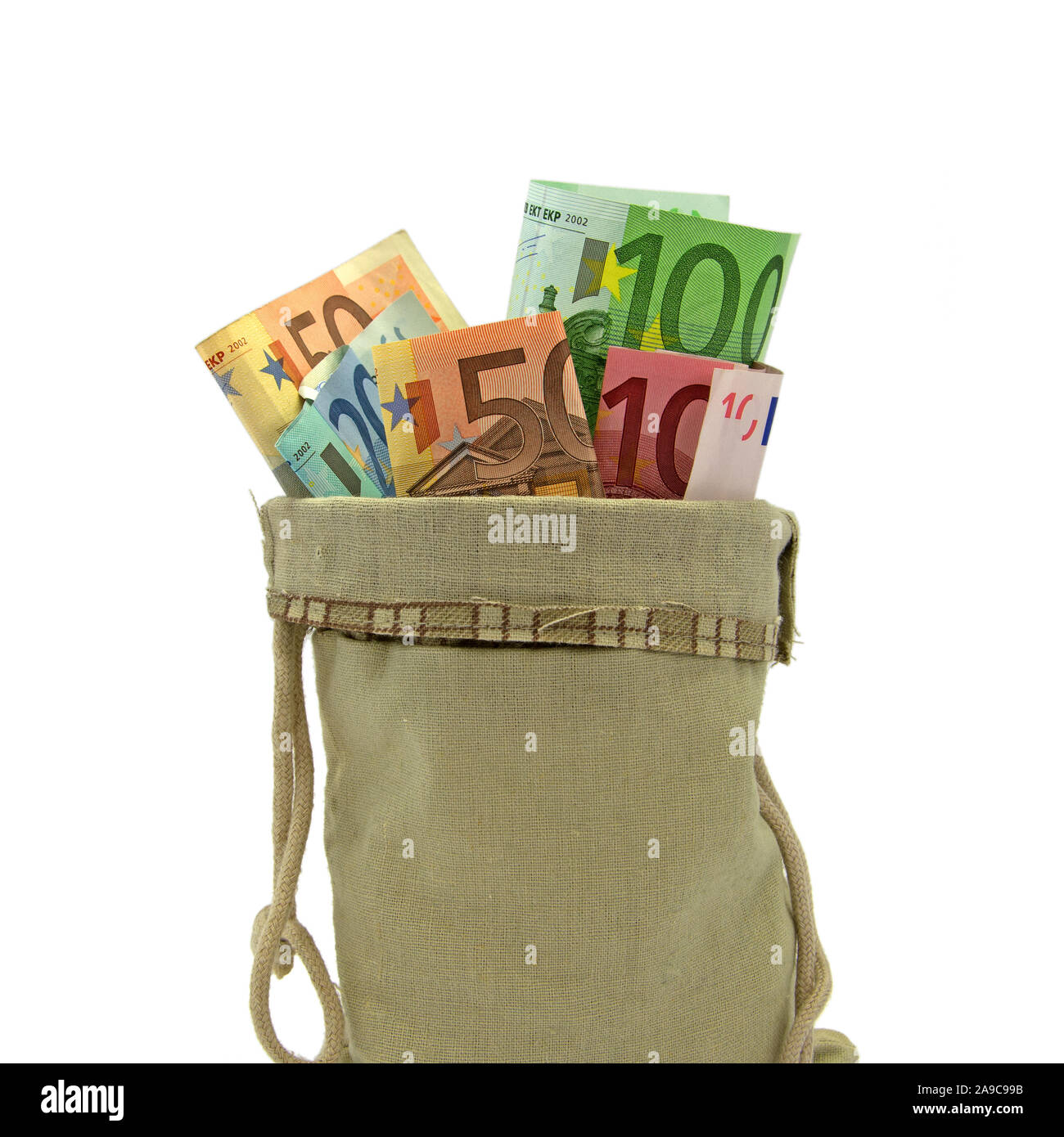 Banknotes in a bag in front of a white background Stock Photo