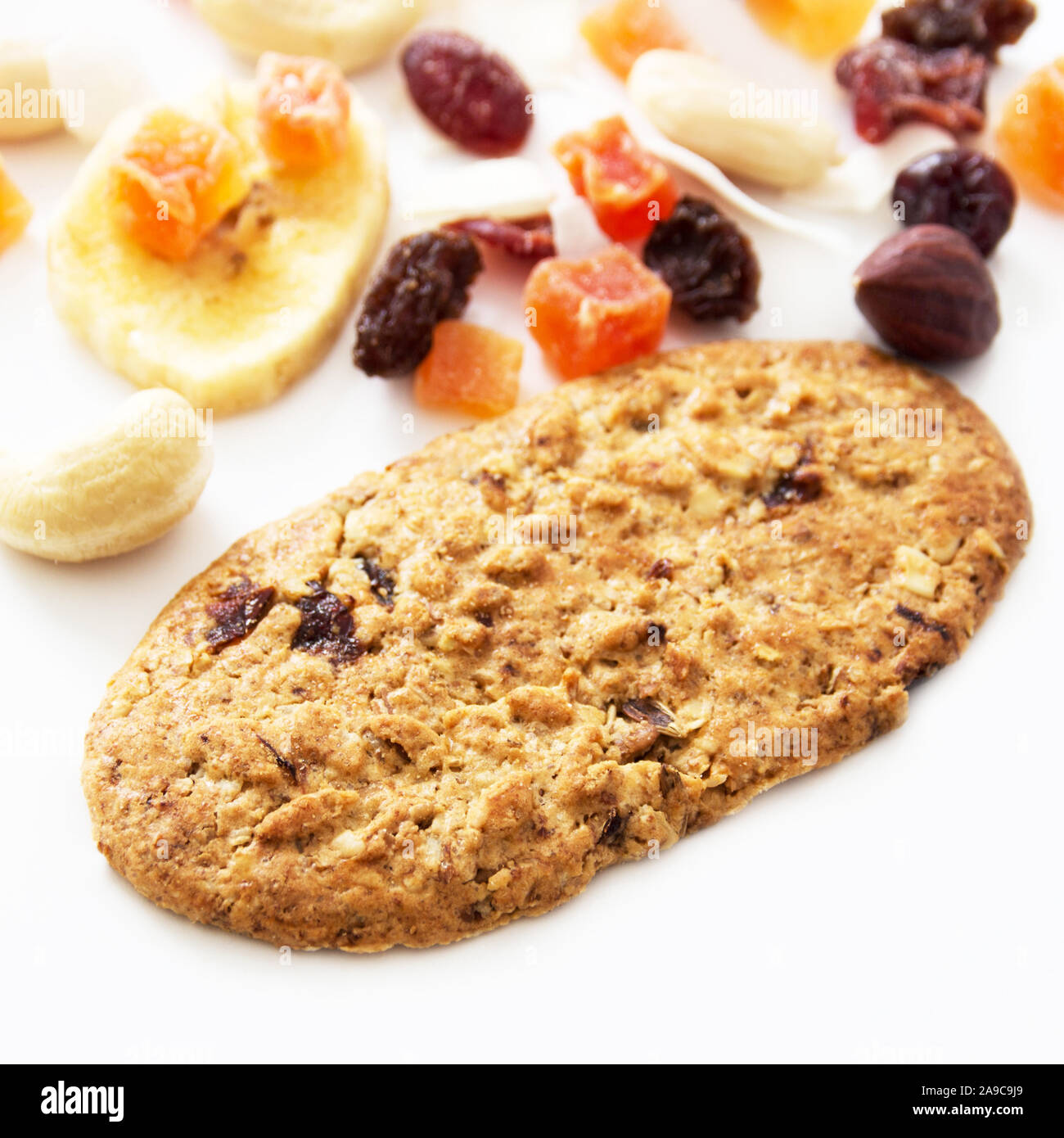 Healthy breakfast muesli cookies and fruits Stock Photo