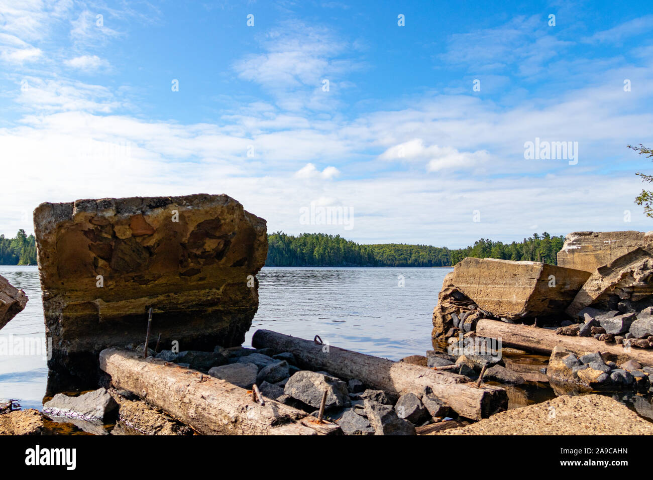 Old ruins on Booth's Rock with view of Rock Lake Stock Photo - Alamy