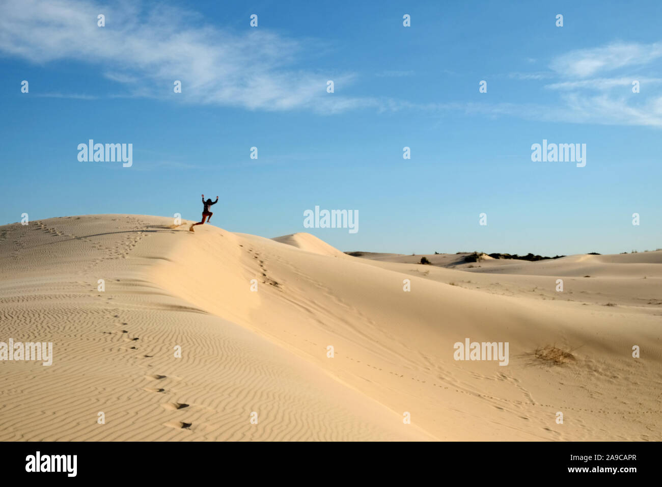 Man jumping off sand dune in daytime at monahans sandhills state park