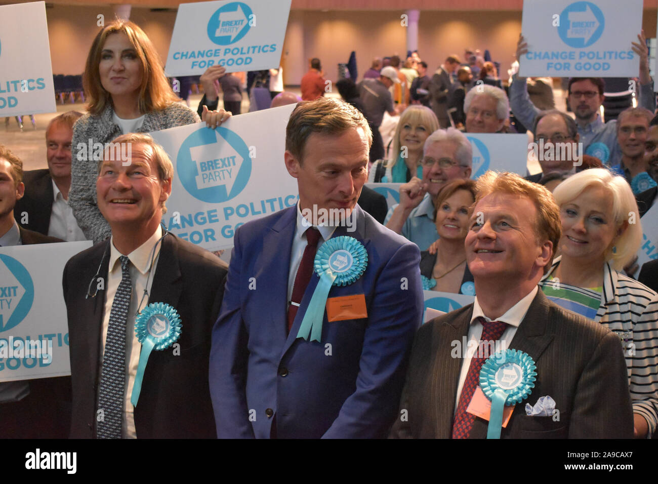 Previously unissued photo dated 26/5/19 of the Brexit Party's three winning candidates in the West Midlands region (left to right) Rupert Lowe, Martin Daubney and Andrew Kerr alongside supporters at Birmingham's International Convention Centre. Prominent Brexit Party MEP Rupert Lowe has revealed he will not contest Dudley North as the 4pm deadline for General Election candidate nominations passed. Stock Photo