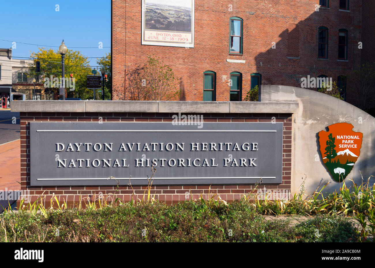 Sign at the Dayton Aviation Heritage National Historical Park, Dayton, Ohio, USA Stock Photo