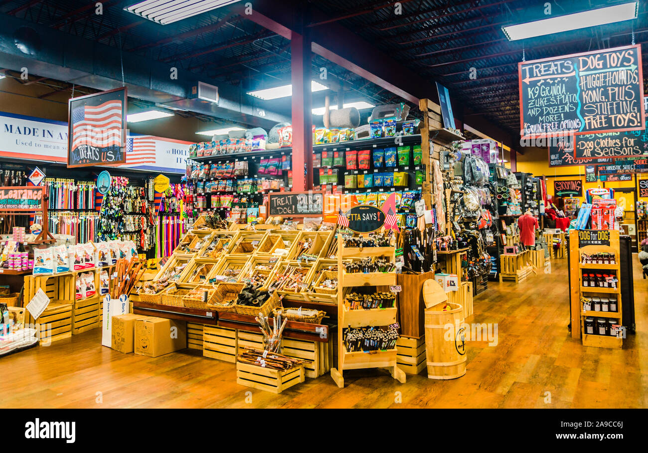 An array of pet products greets customers at Hollywood Feed, Sept. 15, 2015, in Memphis, Tennessee. Stock Photo