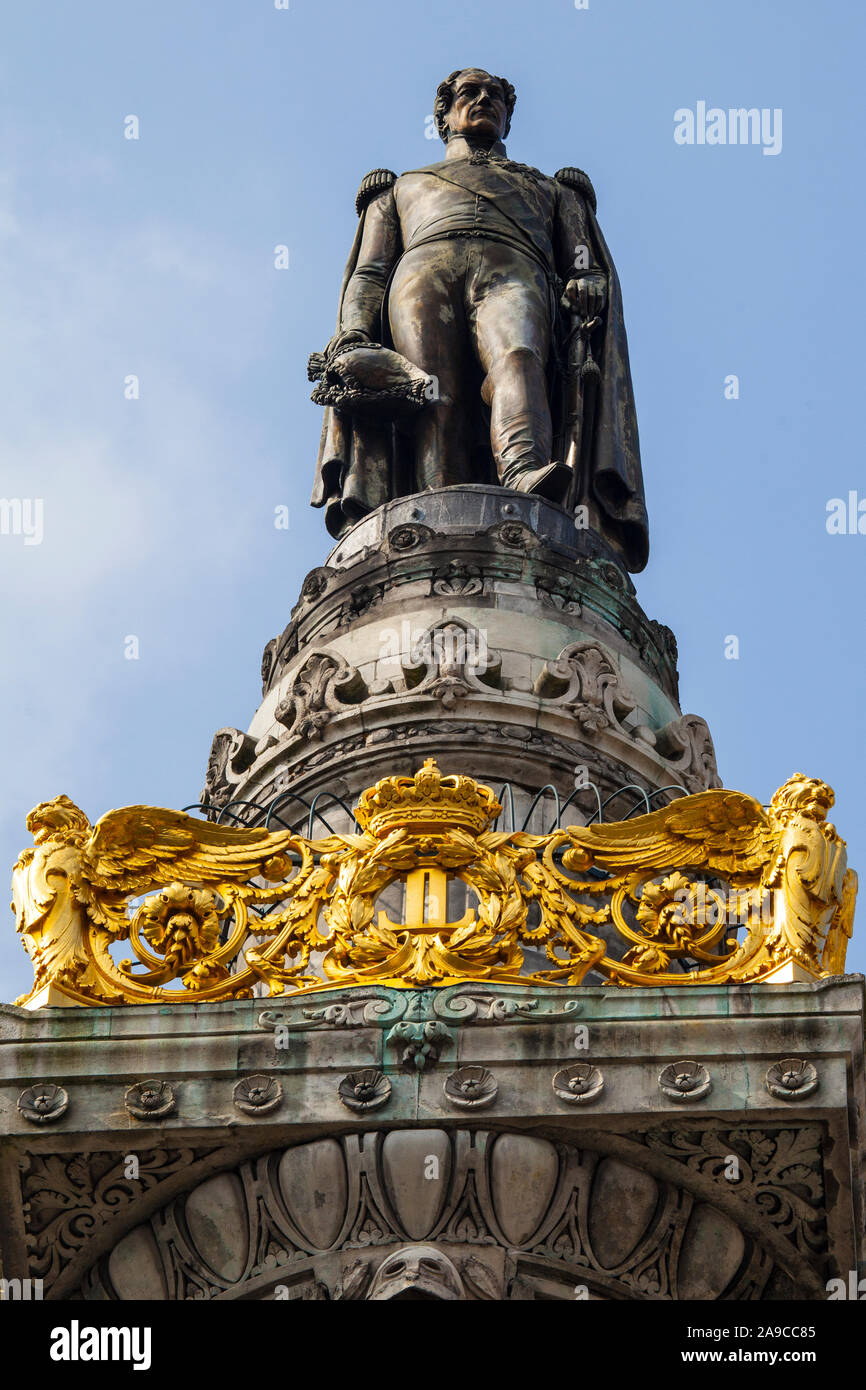 The statue of King Leopold I ontop of the historic Congress Column in the city of Brussels in Belgium. It commemorates the creation of the Constitutio Stock Photo