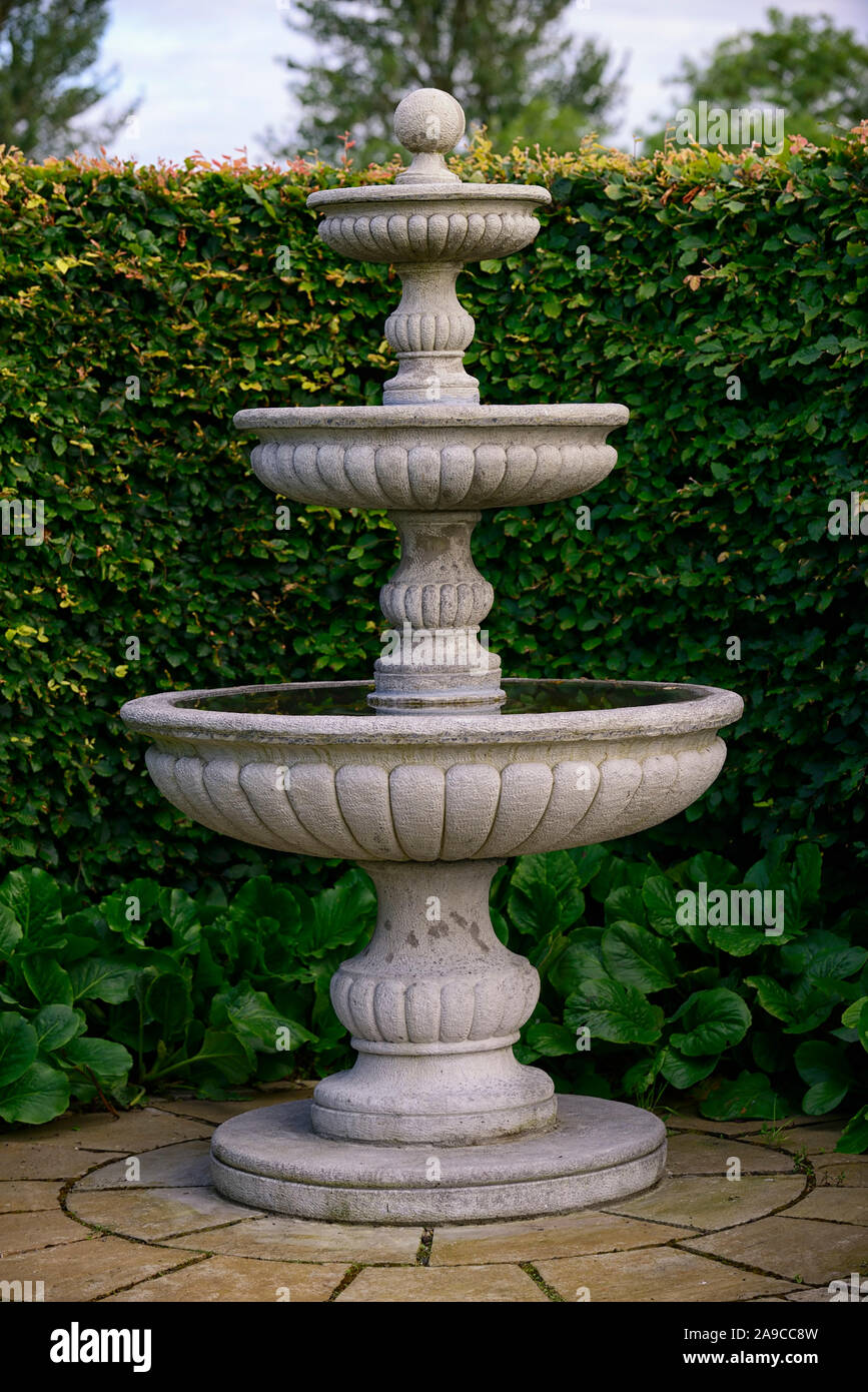 concrete fountain,classical water fountain,formal garden,curved beech