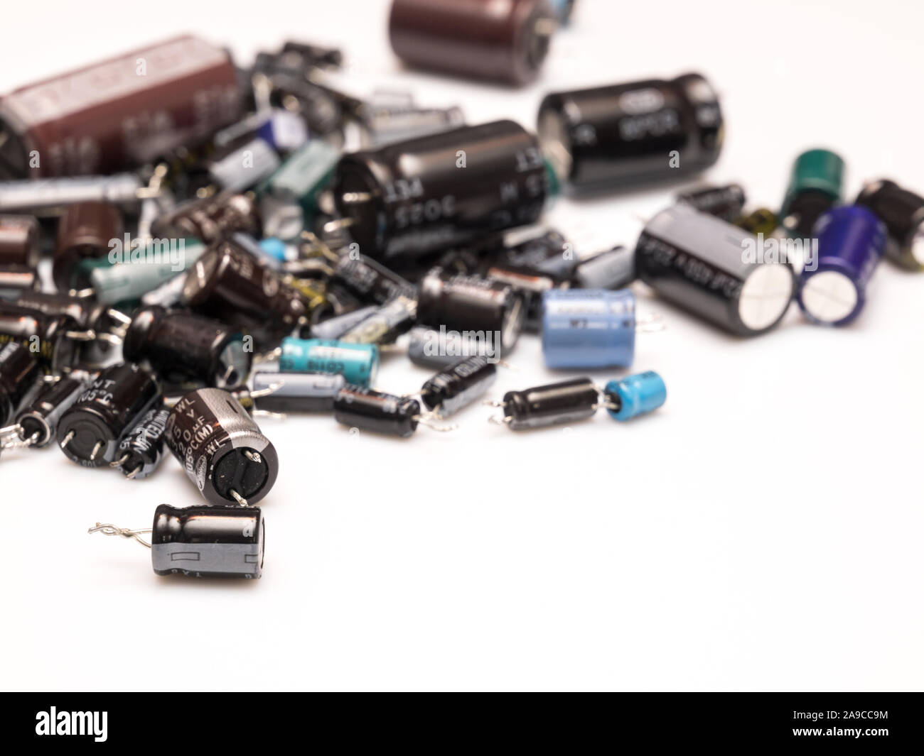 electrolitics capacitors isolated in white background selective focus Stock Photo