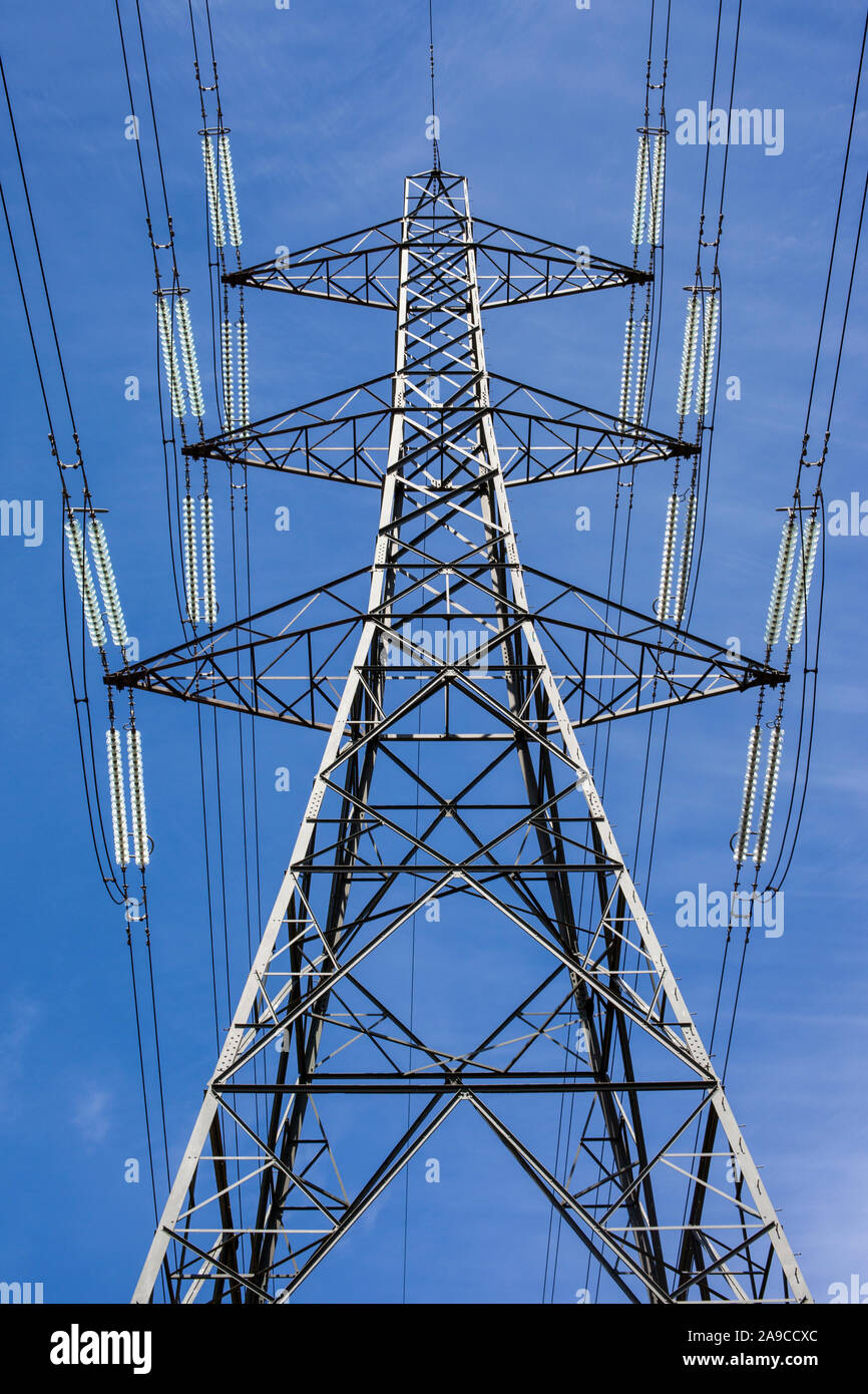 An Electricity Pylon in the UK. A pylon is a tall structure, used to support an overhead power