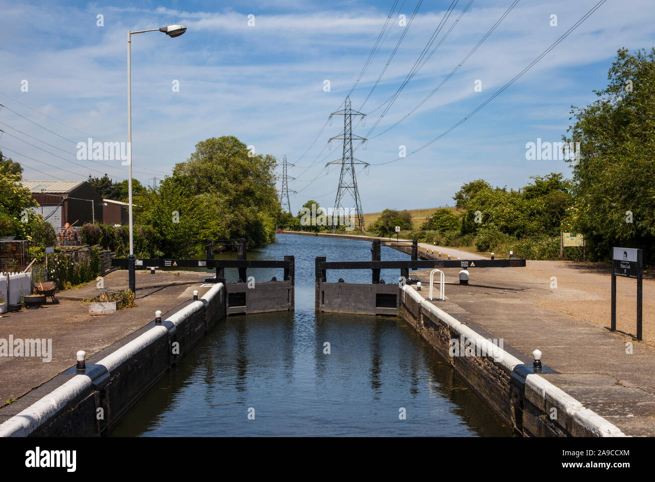 A view of Picketts Lock on the River Lee Navigation in London Stock
