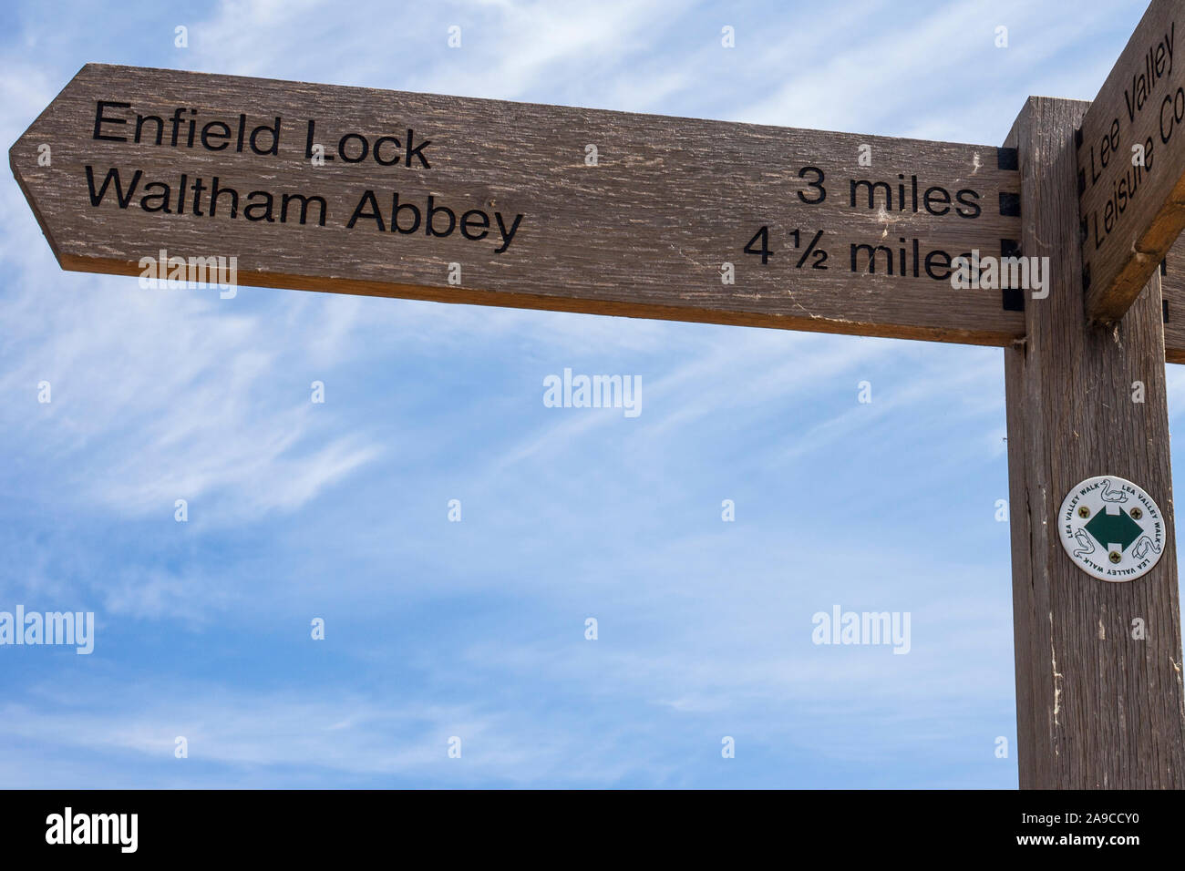 Signposts on the River Lee Navigation towpath in London, showing the
